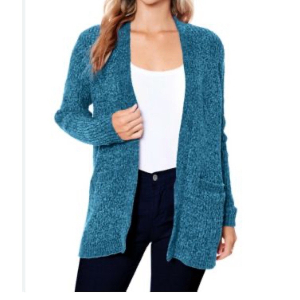 John Paul Richard Blue Sz M Soft & Cozy Knit Sweater Open Cardigan w/ Pockets